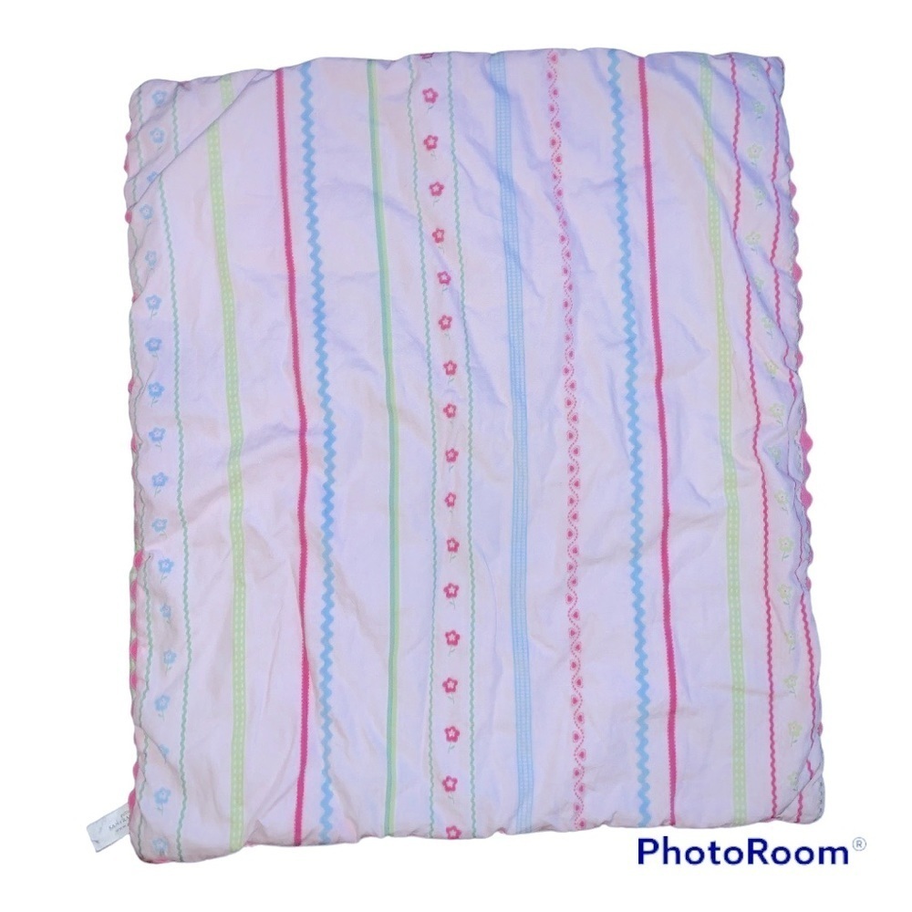 Kids baby pottery barn small blanket pink trim floral back green gingham print